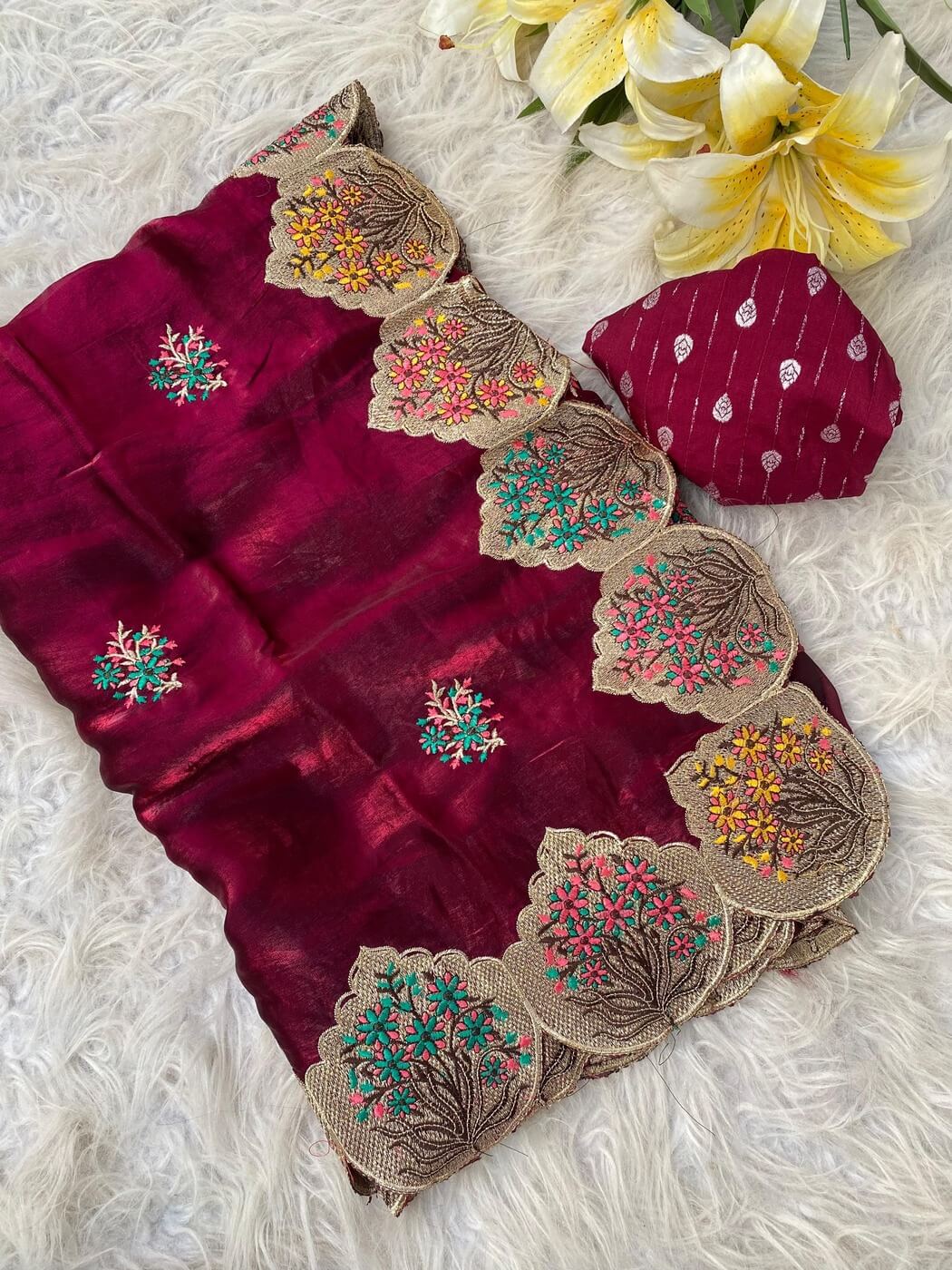 Majesty Maroon Embroidery Work Fendy Silk Saree With Adorning Blouse Piece