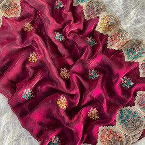 Majesty Maroon Embroidery Work Fendy Silk Saree With Adorning Blouse Piece