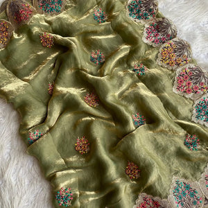 Comely Mehndi Embroidery Work Fendy Silk Saree With Effervescent Blouse Piece