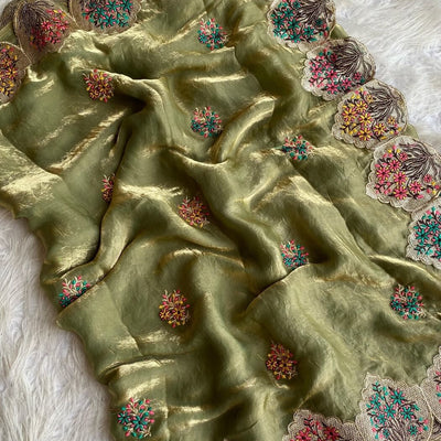 Comely Mehndi Embroidery Work Fendy Silk Saree With Effervescent Blouse Piece