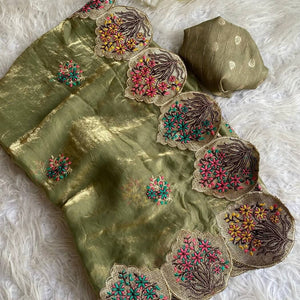 Comely Mehndi Embroidery Work Fendy Silk Saree With Effervescent Blouse Piece