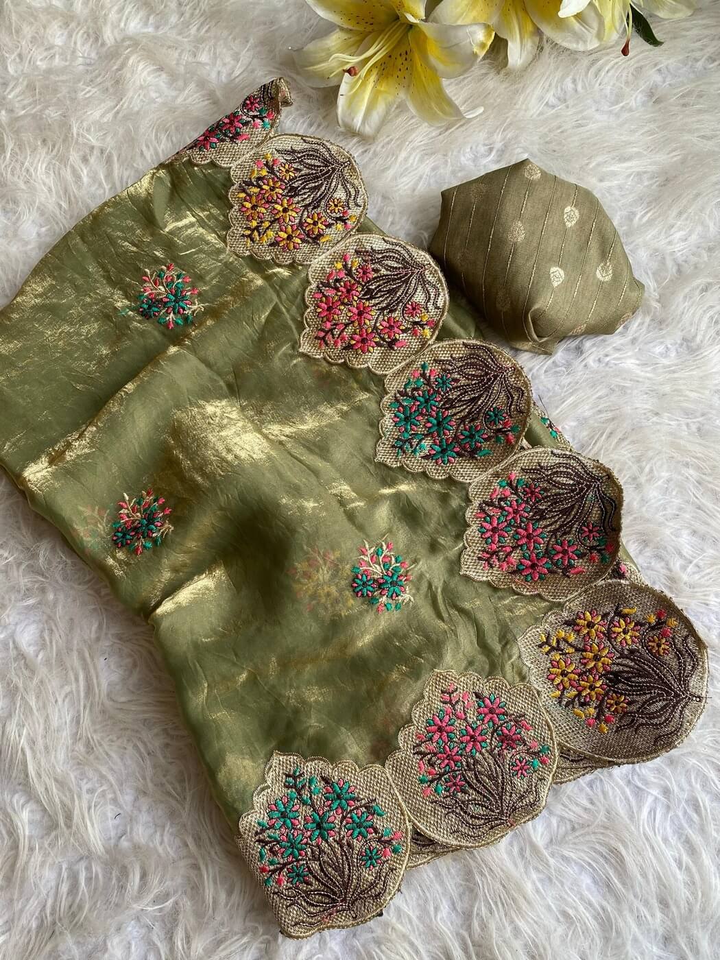 Comely Mehndi Embroidery Work Fendy Silk Saree With Effervescent Blouse Piece