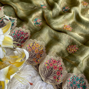 Comely Mehndi Embroidery Work Fendy Silk Saree With Effervescent Blouse Piece