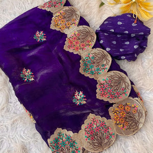 Precious Purple Embroidery Work Fendy Silk Saree With Classy Blouse Piece