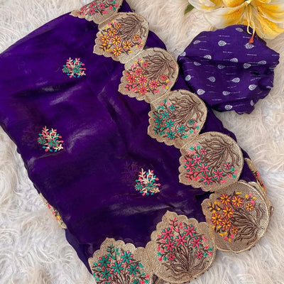Precious Purple Embroidery Work Fendy Silk Saree With Classy Blouse Piece