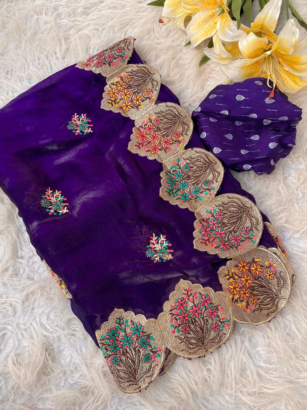 Precious Purple Embroidery Work Fendy Silk Saree With Classy Blouse Piece