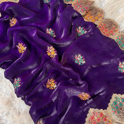 Precious Purple Embroidery Work Fendy Silk Saree With Classy Blouse Piece