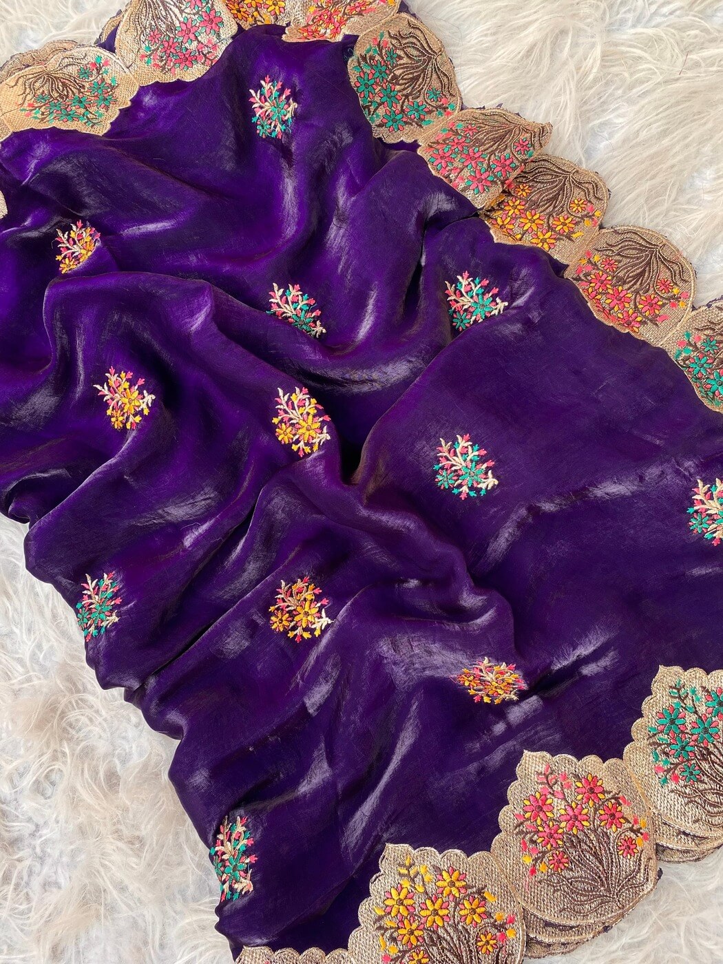 Precious Purple Embroidery Work Fendy Silk Saree With Classy Blouse Piece
