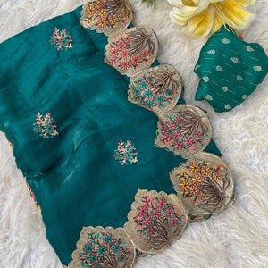 Smashing Rama Embroidery Work Fendy Silk Saree With Ornate Blouse Piece