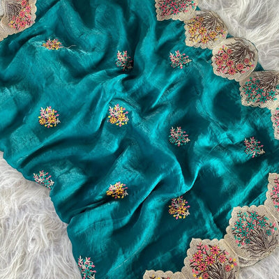 Smashing Rama Embroidery Work Fendy Silk Saree With Ornate Blouse Piece