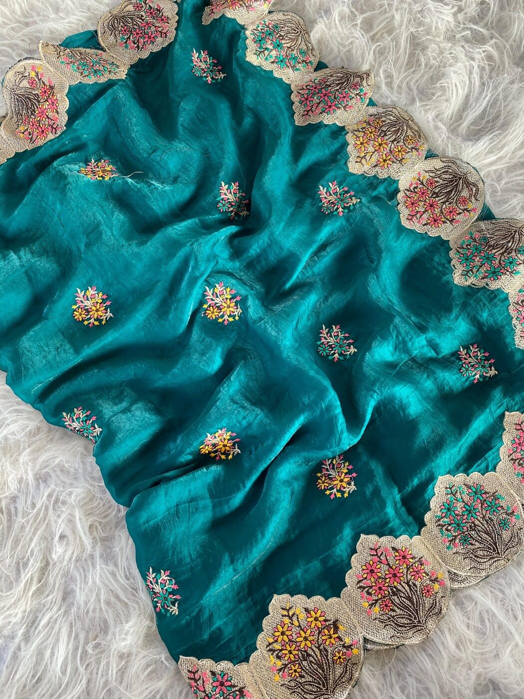 Smashing Rama Embroidery Work Fendy Silk Saree With Ornate Blouse Piece