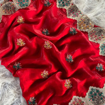 Epiphany Red Embroidery Work Fendy Silk Saree With Magnetic Blouse Piece