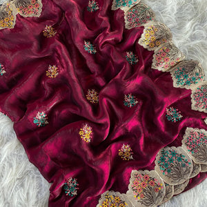 Sempiternal Wine Embroidery Work Fendy Silk Saree With Flattering Blouse Piece