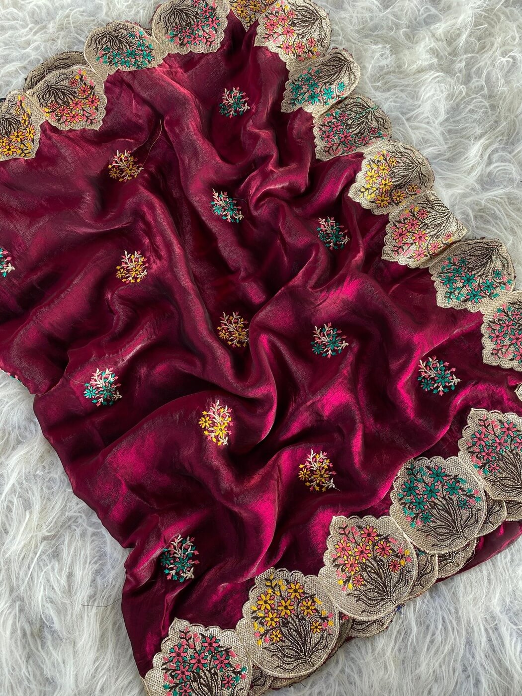 Sempiternal Wine Embroidery Work Fendy Silk Saree With Flattering Blouse Piece