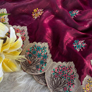 Sempiternal Wine Embroidery Work Fendy Silk Saree With Flattering Blouse Piece