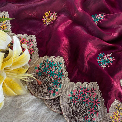 Sempiternal Wine Embroidery Work Fendy Silk Saree With Flattering Blouse Piece