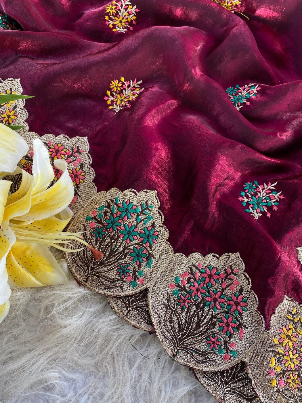 Sempiternal Wine Embroidery Work Fendy Silk Saree With Flattering Blouse Piece