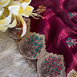 Sempiternal Wine Embroidery Work Fendy Silk Saree With Flattering Blouse Piece