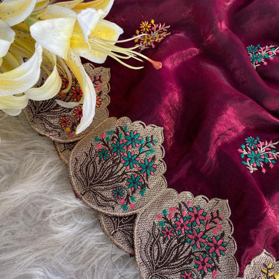 Sempiternal Wine Embroidery Work Fendy Silk Saree With Flattering Blouse Piece