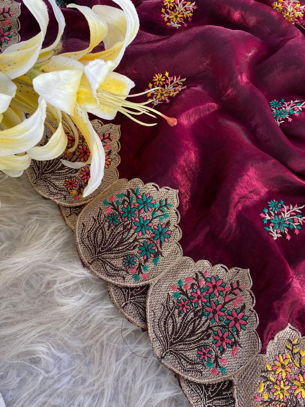 Sempiternal Wine Embroidery Work Fendy Silk Saree With Flattering Blouse Piece