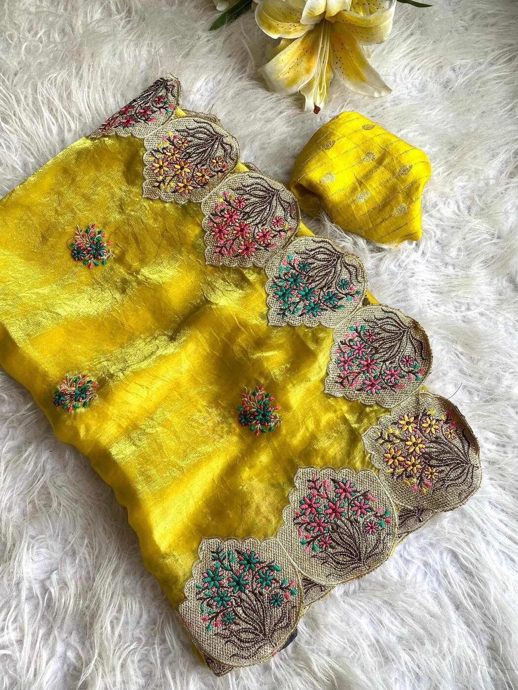 Opulent Yellow Embroidery Work Fendy Silk Saree With Innovative Blouse Piece