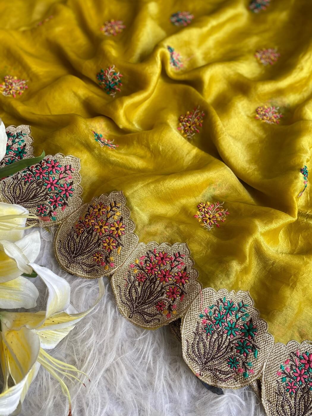 Opulent Yellow Embroidery Work Fendy Silk Saree With Innovative Blouse Piece