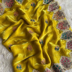 Opulent Yellow Embroidery Work Fendy Silk Saree With Innovative Blouse Piece