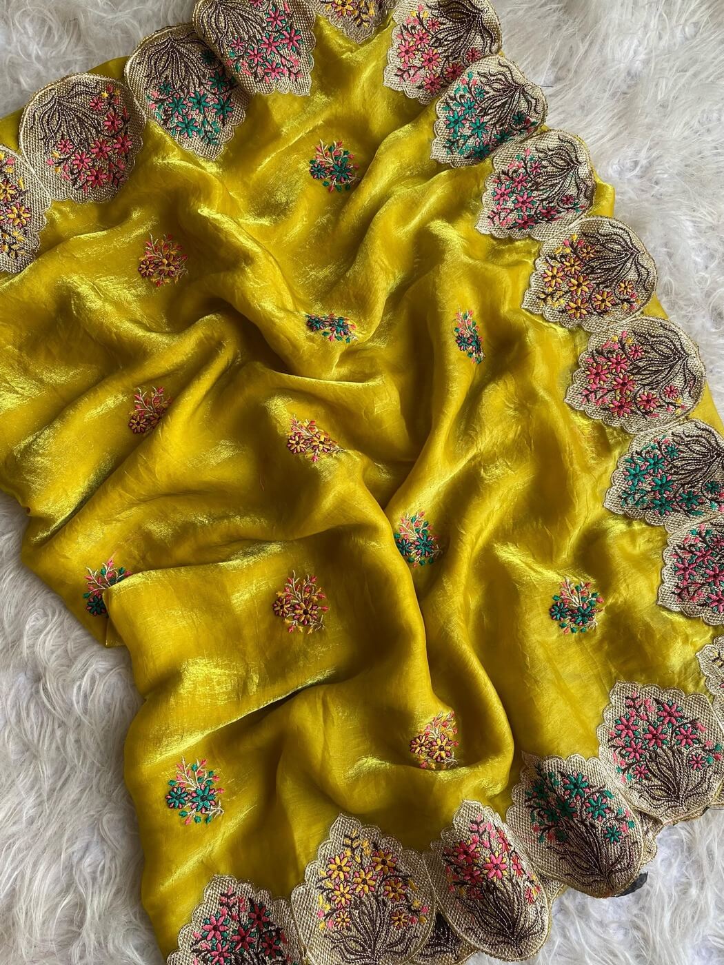 Opulent Yellow Embroidery Work Fendy Silk Saree With Innovative Blouse Piece