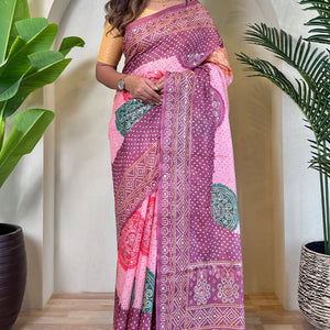 Exuberant Baby Pink Digital Printed Tissue Silk Saree With Mesmerising Blouse Piece