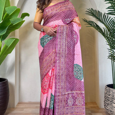 Exuberant Baby Pink Digital Printed Tissue Silk Saree With Mesmerising Blouse Piece