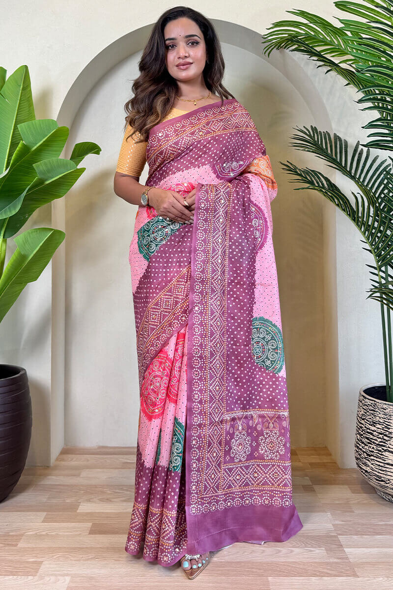 Exuberant Baby Pink Digital Printed Tissue Silk Saree With Mesmerising Blouse Piece