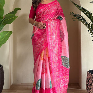 Cynosure Dark Pink Digital Printed Tissue Silk Saree With Bewitching Blouse Piece