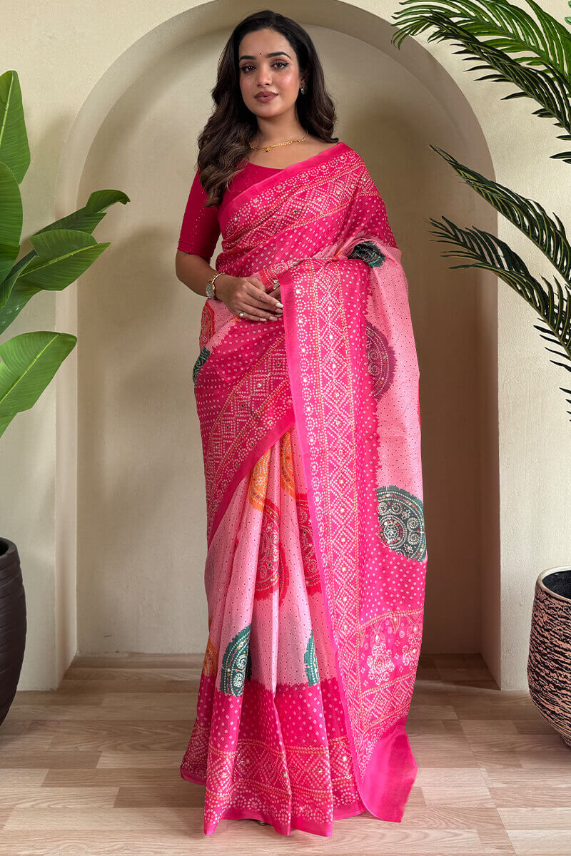 Cynosure Dark Pink Digital Printed Tissue Silk Saree With Bewitching Blouse Piece