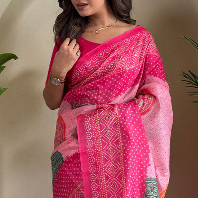Cynosure Dark Pink Digital Printed Tissue Silk Saree With Bewitching Blouse Piece