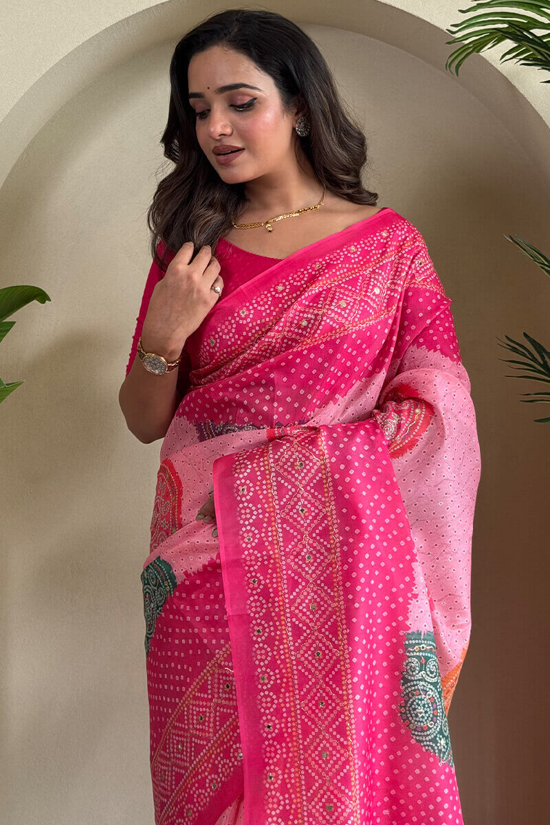 Cynosure Dark Pink Digital Printed Tissue Silk Saree With Bewitching Blouse Piece