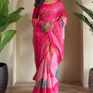 Cynosure Dark Pink Digital Printed Tissue Silk Saree With Bewitching Blouse Piece