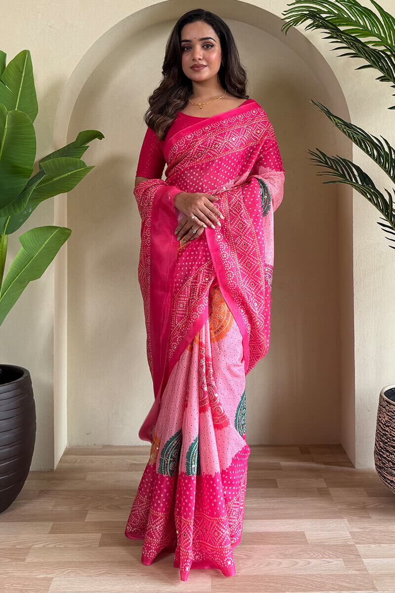 Cynosure Dark Pink Digital Printed Tissue Silk Saree With Bewitching Blouse Piece