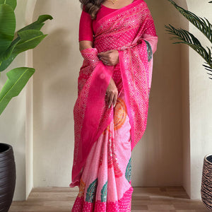 Cynosure Dark Pink Digital Printed Tissue Silk Saree With Bewitching Blouse Piece