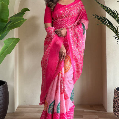 Cynosure Dark Pink Digital Printed Tissue Silk Saree With Bewitching Blouse Piece