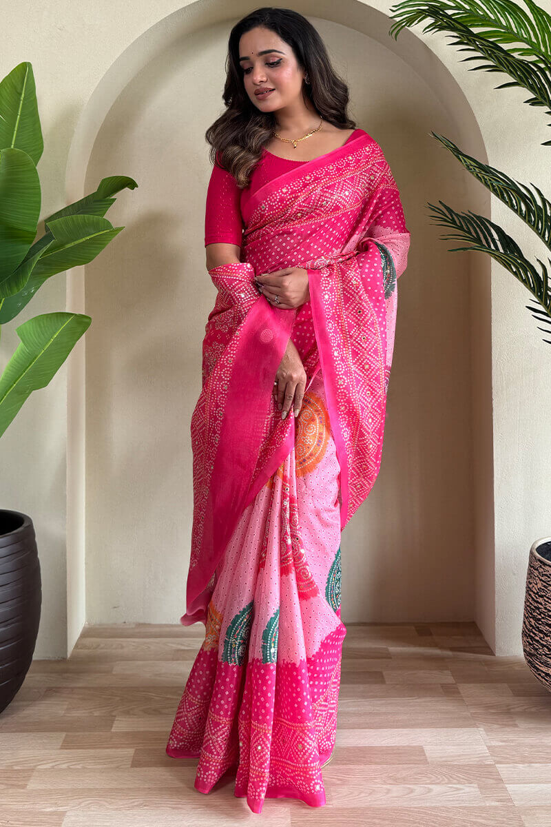 Cynosure Dark Pink Digital Printed Tissue Silk Saree With Bewitching Blouse Piece