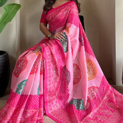 Cynosure Dark Pink Digital Printed Tissue Silk Saree With Bewitching Blouse Piece