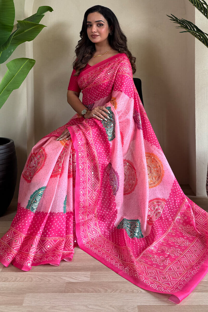 Cynosure Dark Pink Digital Printed Tissue Silk Saree With Bewitching Blouse Piece