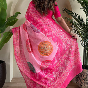 Cynosure Dark Pink Digital Printed Tissue Silk Saree With Bewitching Blouse Piece