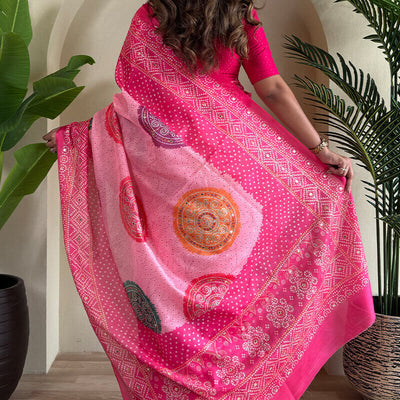 Cynosure Dark Pink Digital Printed Tissue Silk Saree With Bewitching Blouse Piece