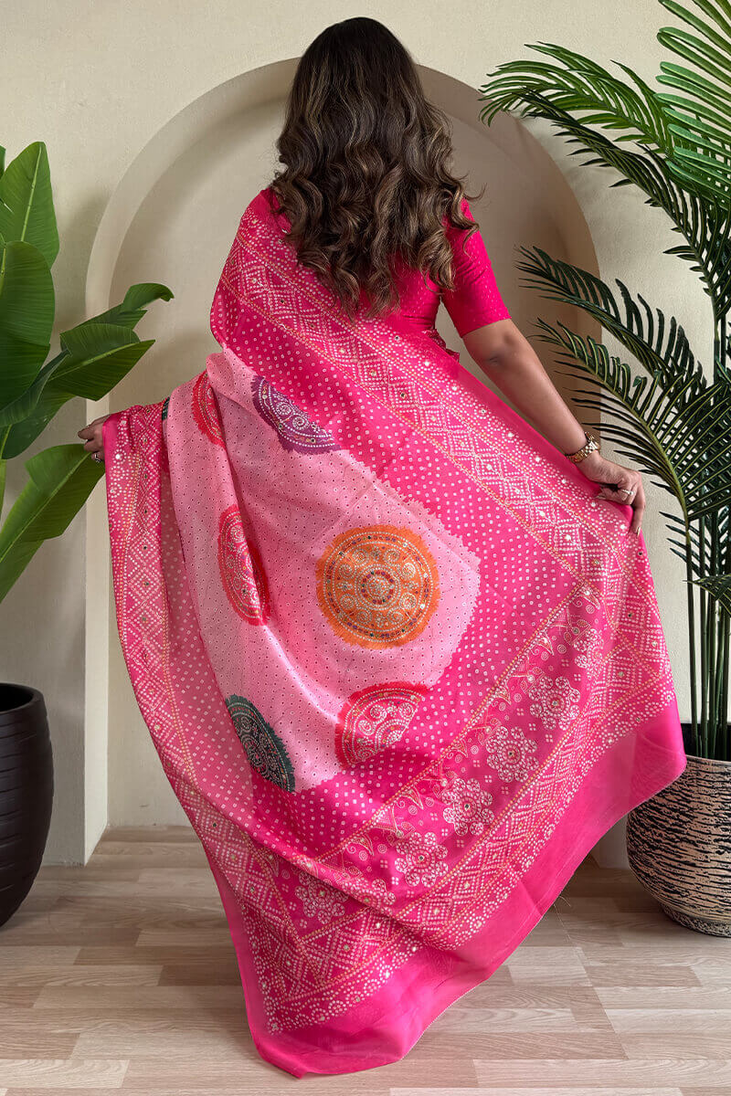 Cynosure Dark Pink Digital Printed Tissue Silk Saree With Bewitching Blouse Piece