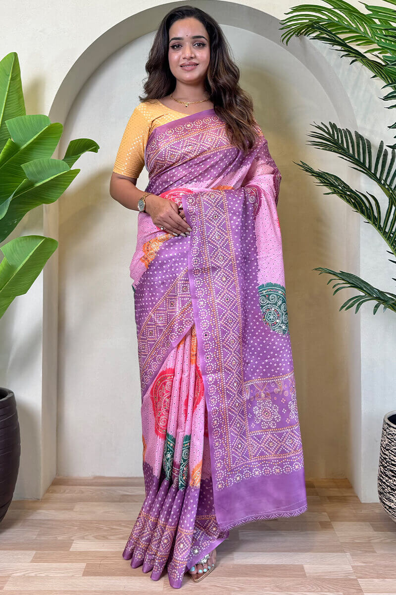 Grandiose Lavender Digital Printed Tissue Silk Saree With Chatoyant Blouse Piece
