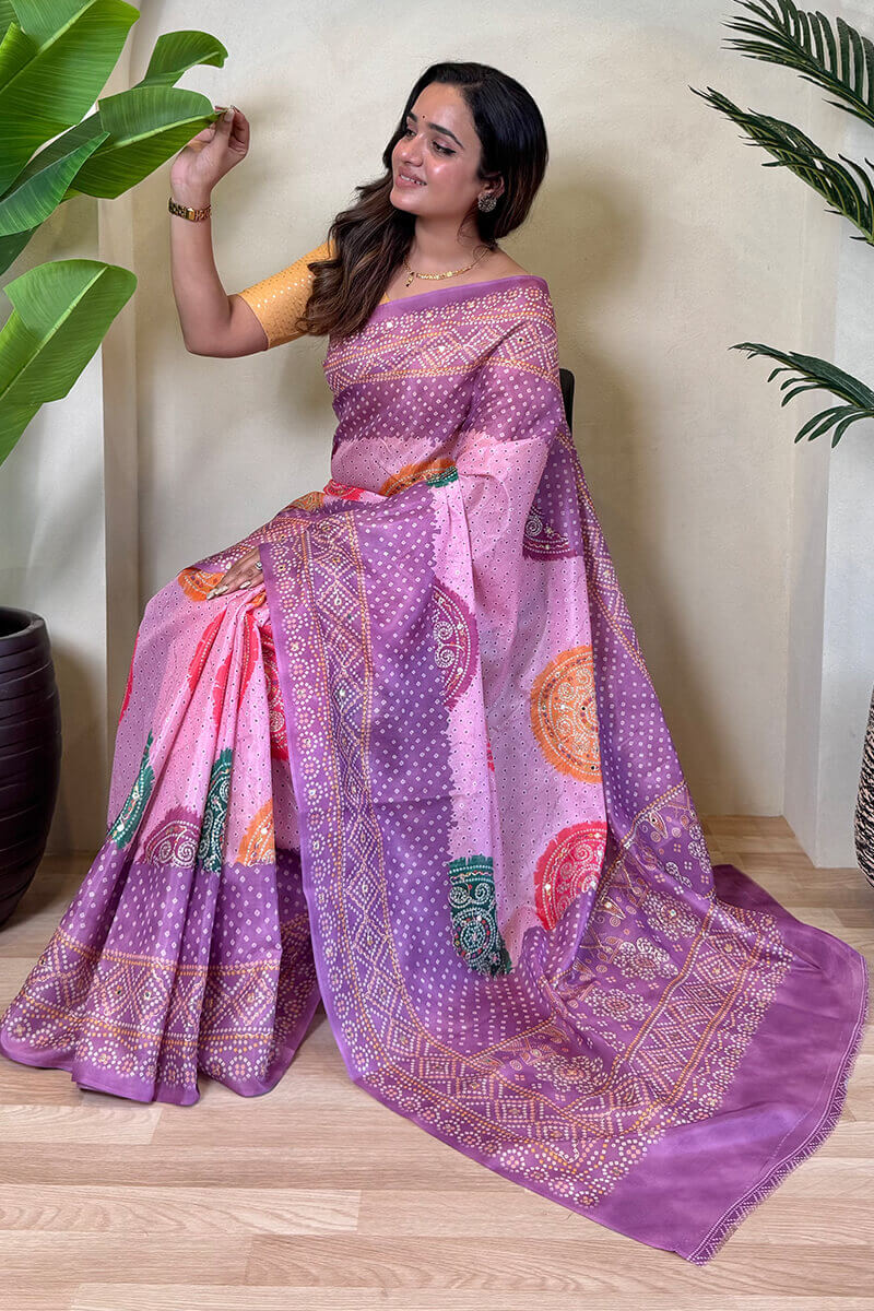 Grandiose Lavender Digital Printed Tissue Silk Saree With Chatoyant Blouse Piece