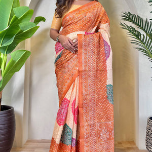 Elision Peach Digital Printed Tissue Silk Saree With Scintilla Blouse Piece