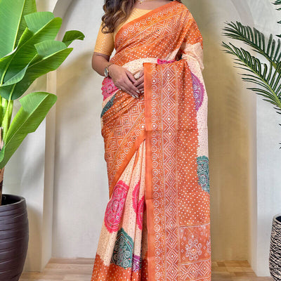 Elision Peach Digital Printed Tissue Silk Saree With Scintilla Blouse Piece