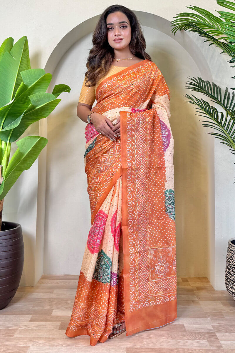 Elision Peach Digital Printed Tissue Silk Saree With Scintilla Blouse Piece